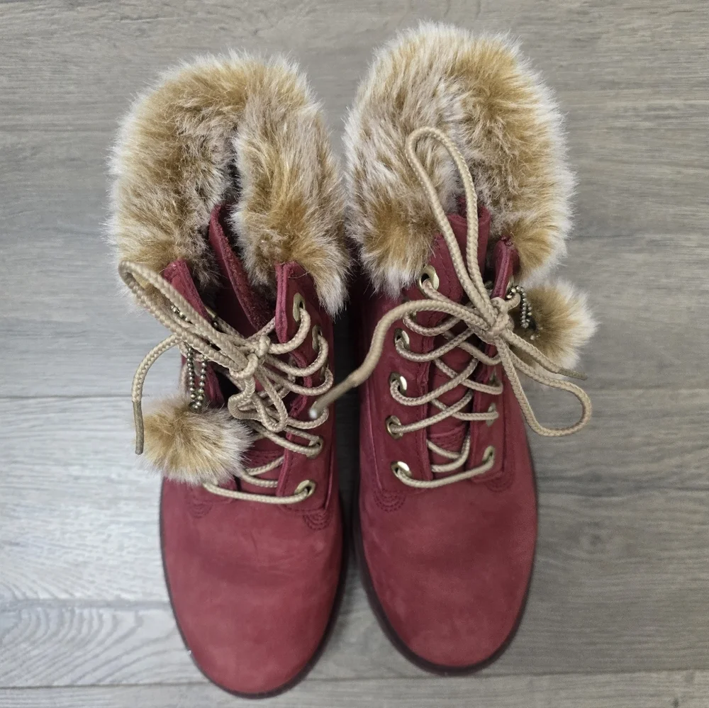 Timberland Faux Fur Girls Size 5 Burgandy Wine Winter Boots Primaloft 200 Gram